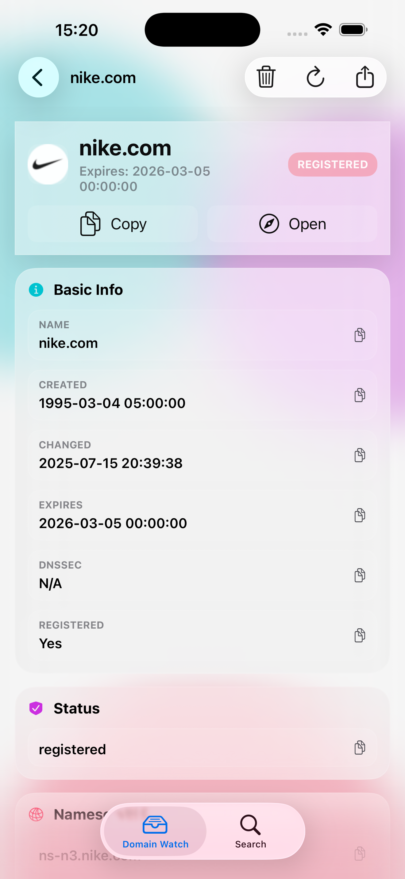 Domain Watch app – WHOIS lookup screen showing registrar, nameservers, and expiration date